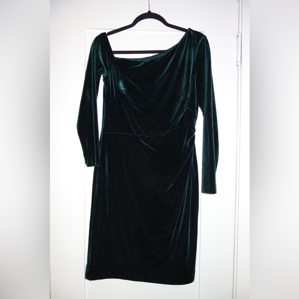 Ralph Lauren Dark Green Velvet Asymmetric Neckline Cocktail Dress